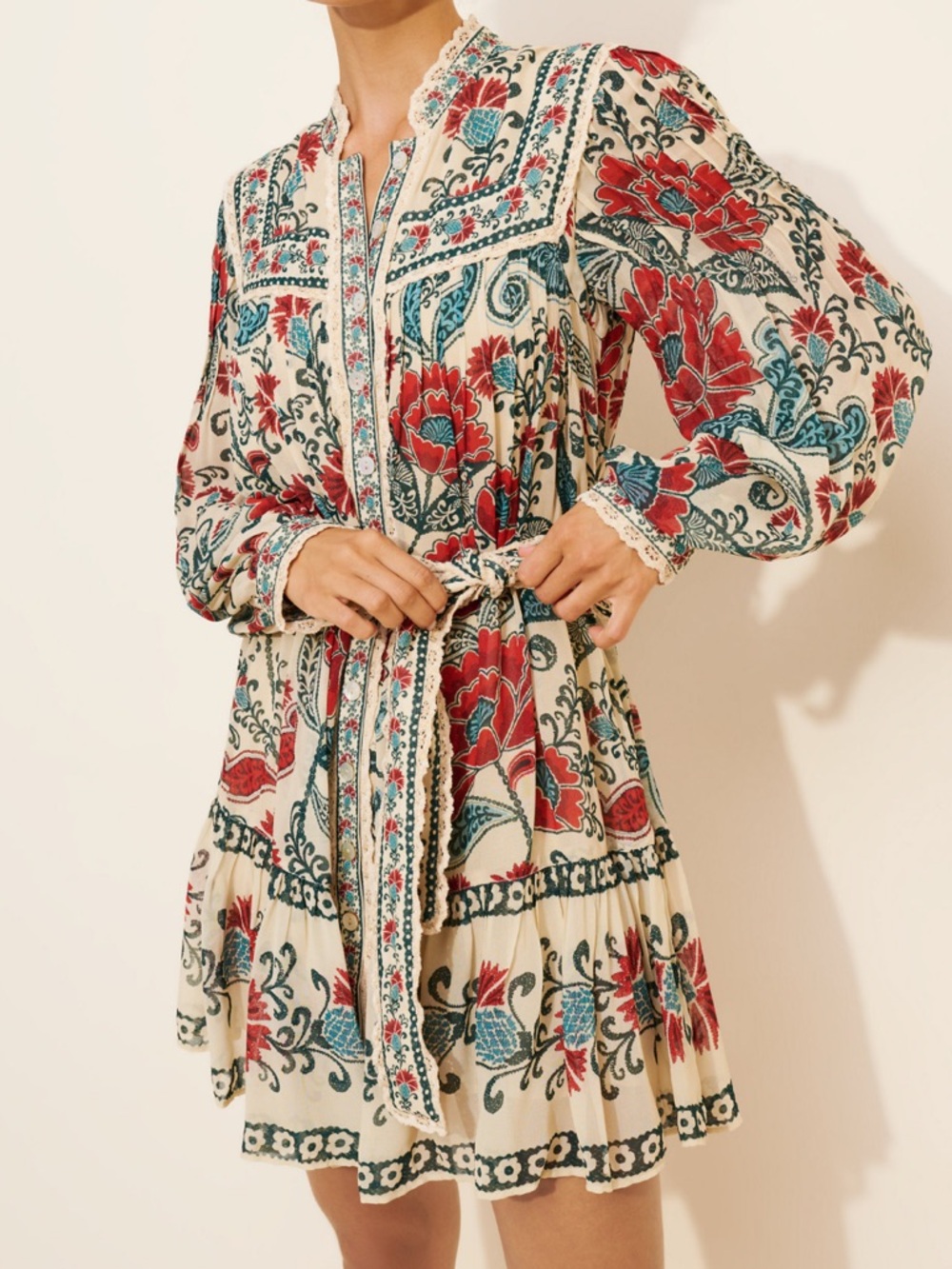 Farm Rio Francesca Long Sleeve Mini Dress | Size XS | Belted Balloon Sleeve